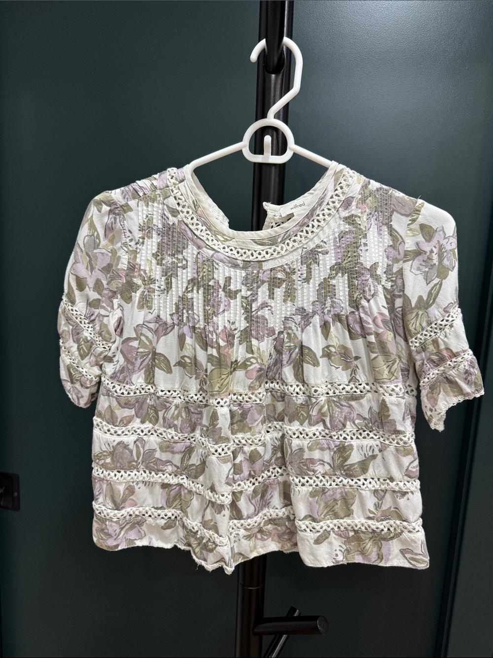 Floral Crochet-Trim Short Sleeve Blouse - White with Sage & Dusty Pink